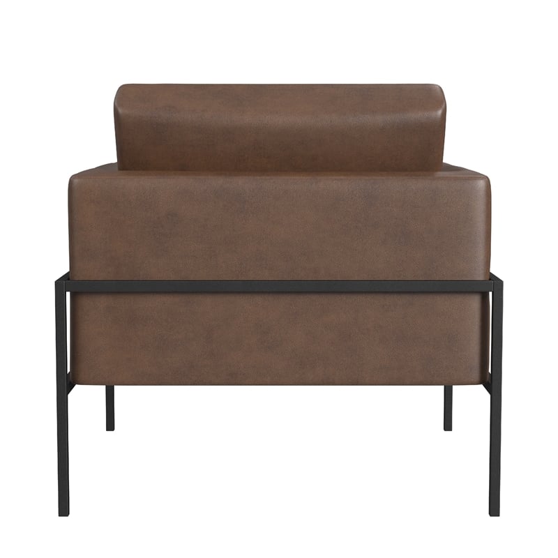 Pemberly Row Accent Armchair in Brown Faux Leather with Matte Black Metal Legs