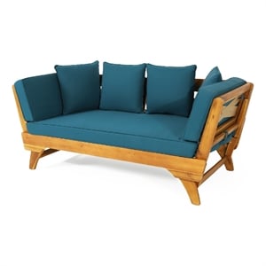 Pemberly Row 65&quot Expandable Outdoor Daybed in Teak Brown Wood with Blue Cushions