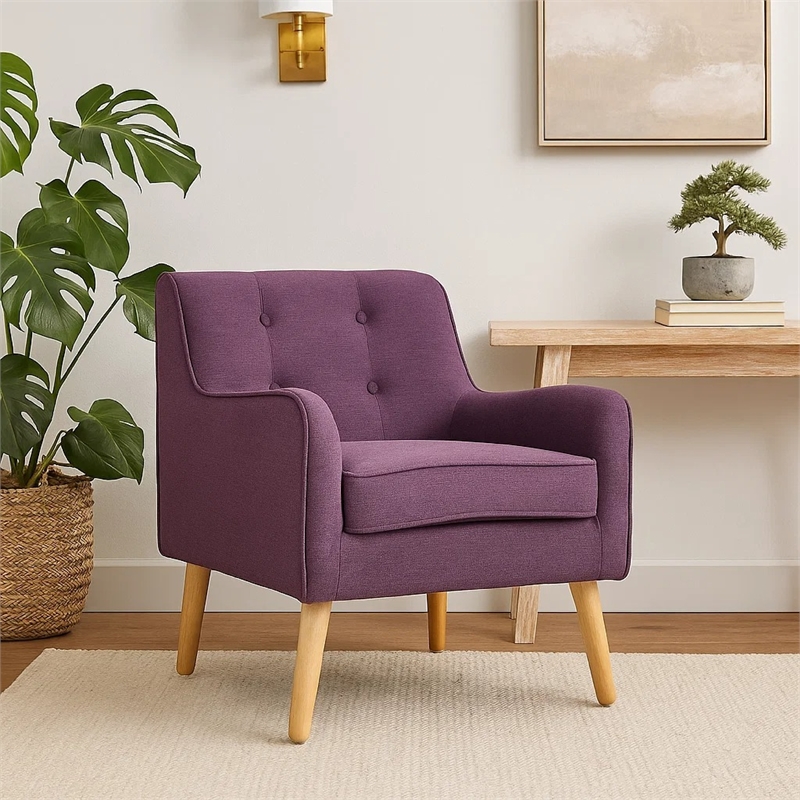 Pemberly Row Button Tufted Accent Armchair in Purple w/ Splayed Birch Wood Legs