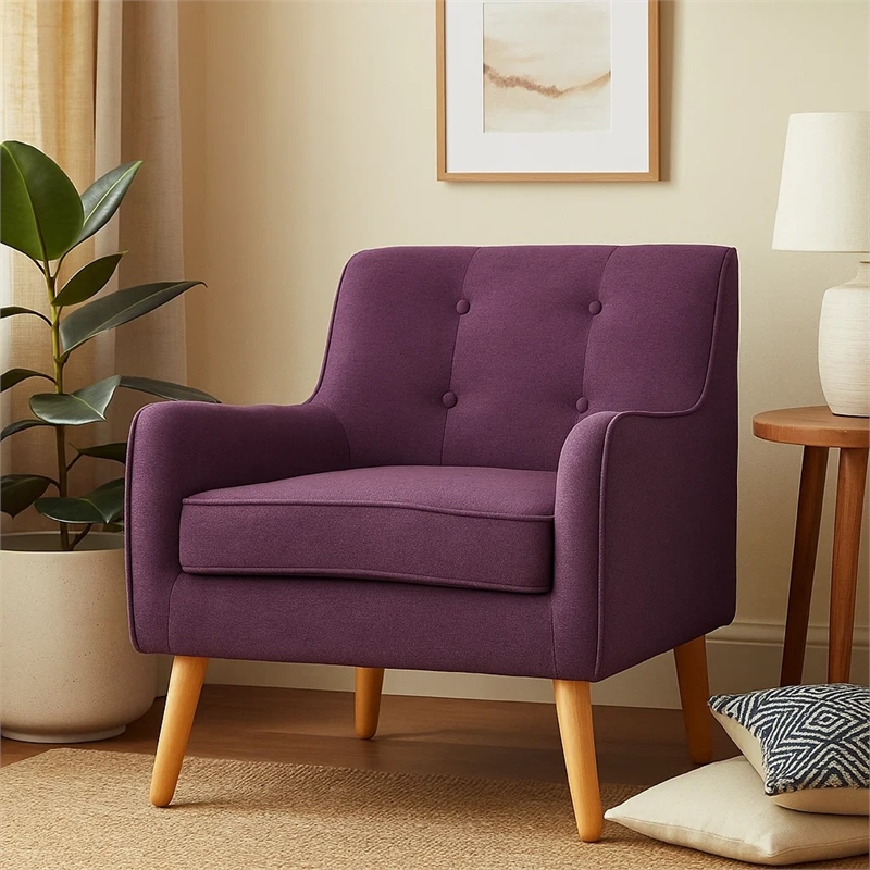 Pemberly Row Button Tufted Accent Armchair in Purple w/ Splayed Birch Wood Legs
