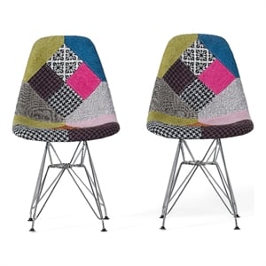 Pemberly Row Accent Chair Set of 2 in Multicolor Pink Patchwork with Eiffel Base