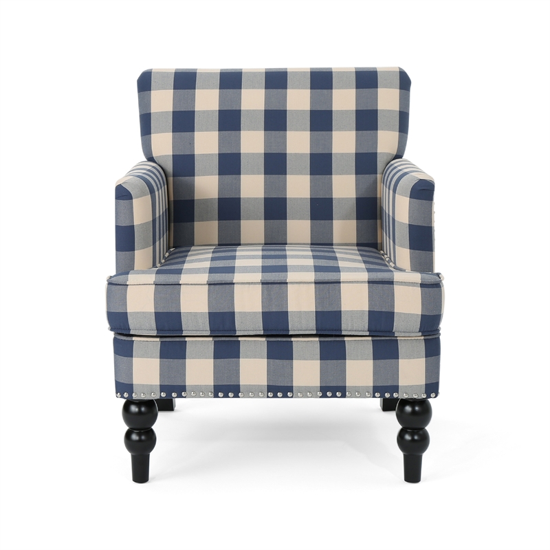 Pemberly Row Club Accent Chair with Turned Legs in Blue Black and Cream Fabric