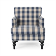 Pemberly Row Club Accent Chair with Turned Legs in Blue Black and Cream Fabric
