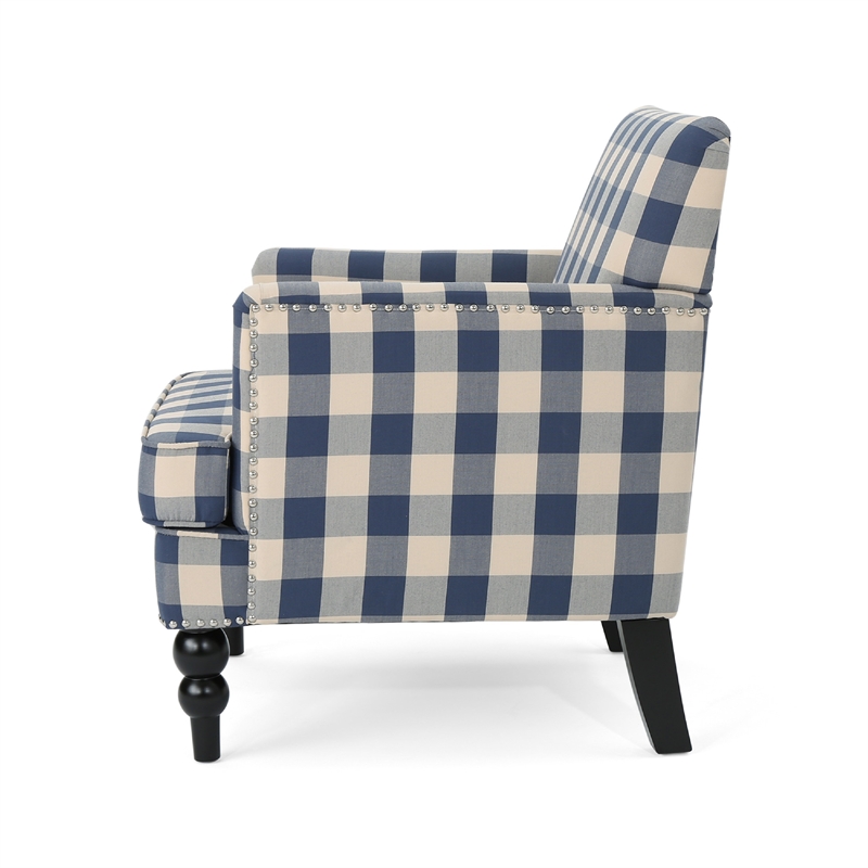 Pemberly Row Club Accent Chair with Turned Legs in Blue Black and Cream Fabric