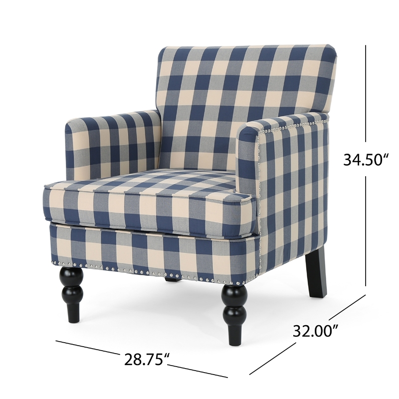 Pemberly Row Club Accent Chair with Turned Legs in Blue Black and Cream Fabric