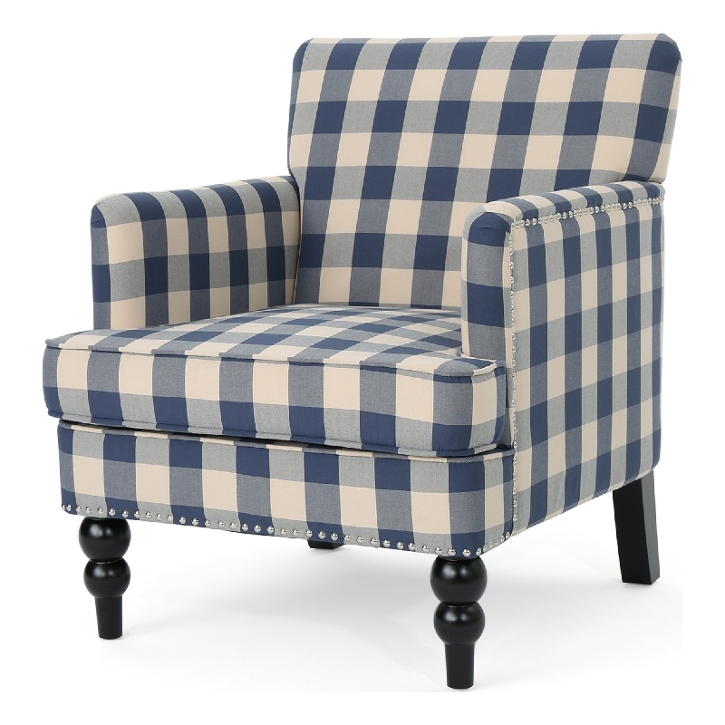 Pemberly Row Club Accent Chair with Turned Legs in Blue Black and Cream Fabric