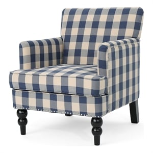 Pemberly Row Club Accent Chair with Turned Legs in Blue Black and Cream Fabric