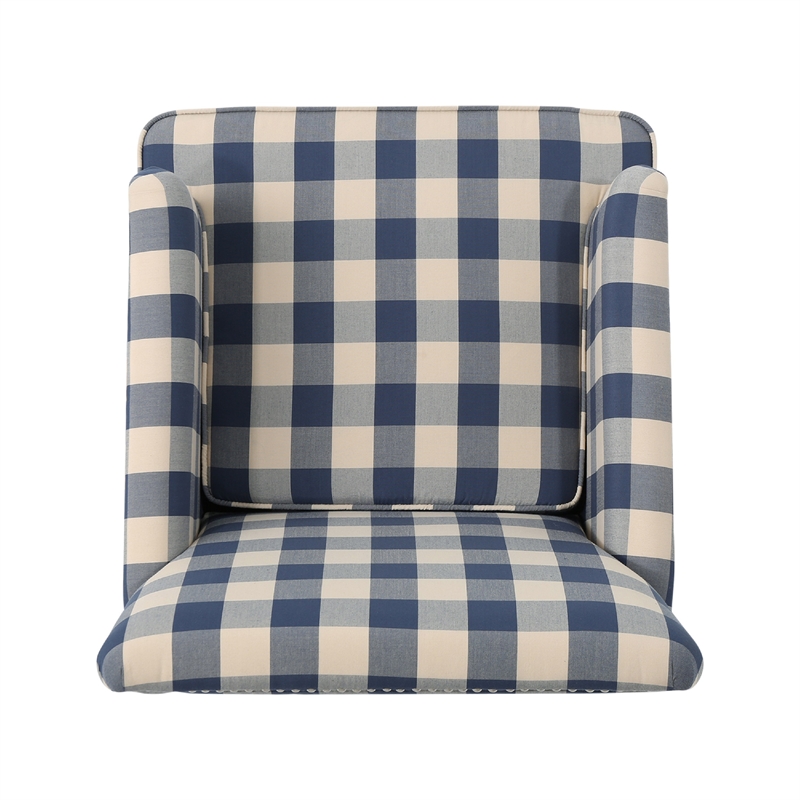 Pemberly Row Club Accent Chair with Turned Legs in Blue Black and Cream Fabric