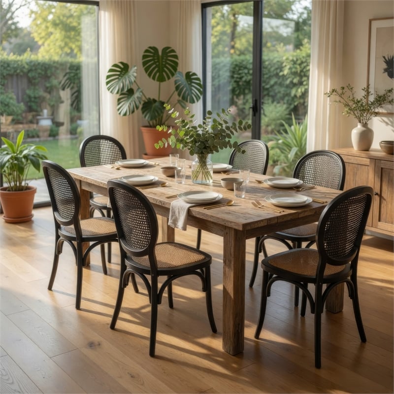 Pemberly Row Dining Chair Set of 2 in Matte Black with Rattan Woven Back & Seat