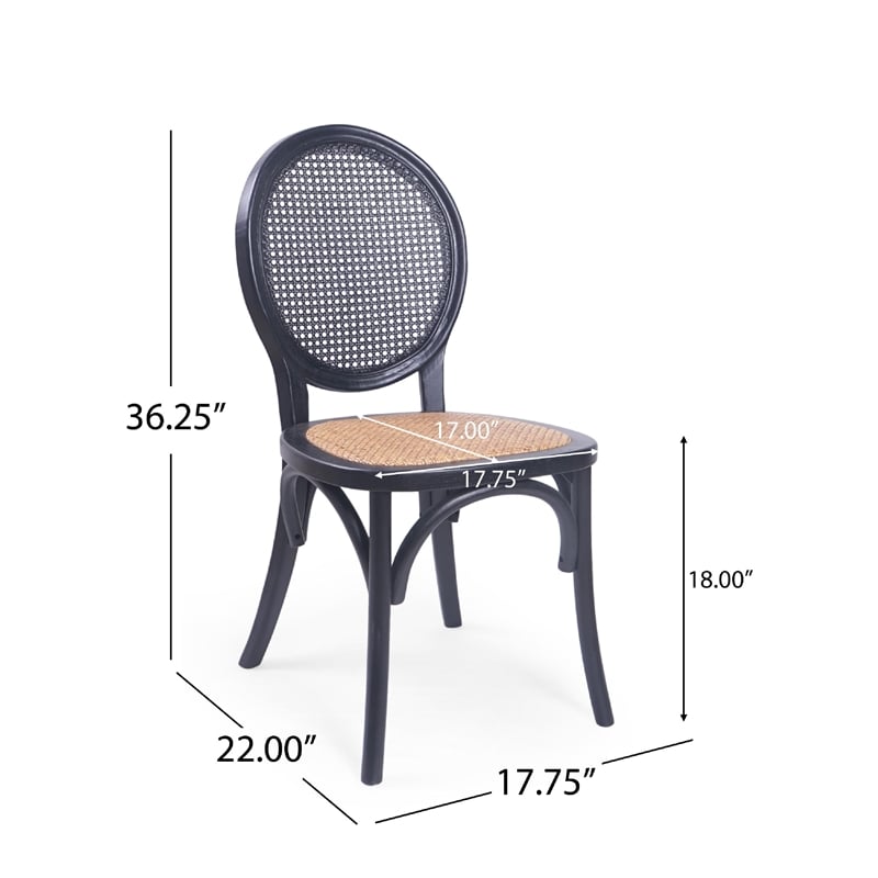 Pemberly Row Dining Chair Set of 2 in Matte Black with Rattan Woven Back & Seat