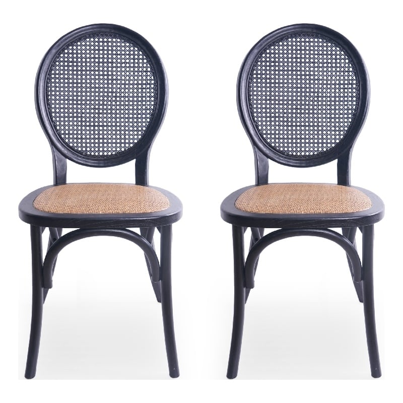 Pemberly Row Dining Chair Set of 2 in Matte Black with Rattan Woven Back & Seat
