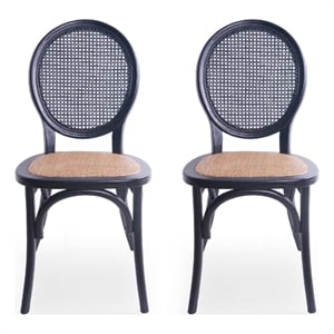 Pemberly Row Dining Chair Set of 2 in Matte Black with Rattan Woven Back & Seat