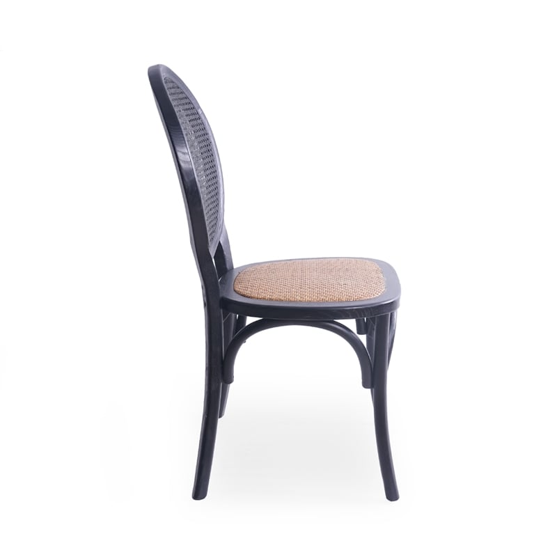 Pemberly Row Dining Chair Set of 2 in Matte Black with Rattan Woven Back & Seat