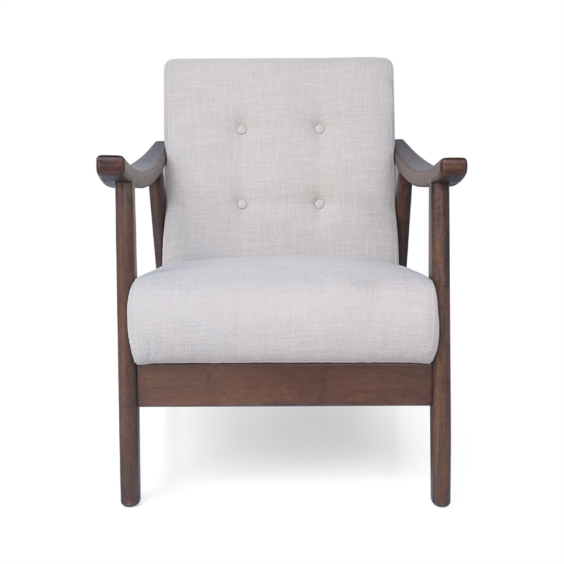 Pemberly Row Button Tufted Accent Armchair in Beige Fabric with Brown Wood Arms