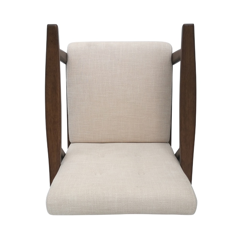 Pemberly Row Button Tufted Accent Armchair in Beige Fabric with Brown Wood Arms
