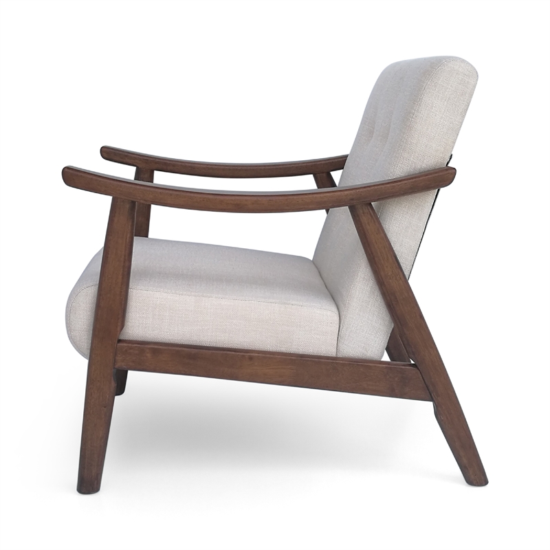 Pemberly Row Button Tufted Accent Armchair in Beige Fabric with Brown Wood Arms