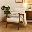 Pemberly Row Button Tufted Accent Armchair in Beige Fabric with Brown Wood Arms