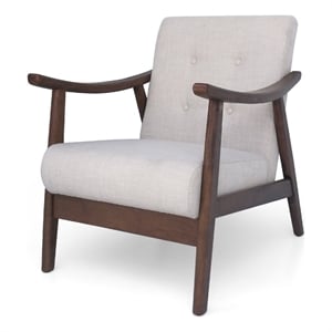Pemberly Row Button Tufted Accent Armchair in Beige Fabric with Brown Wood Arms