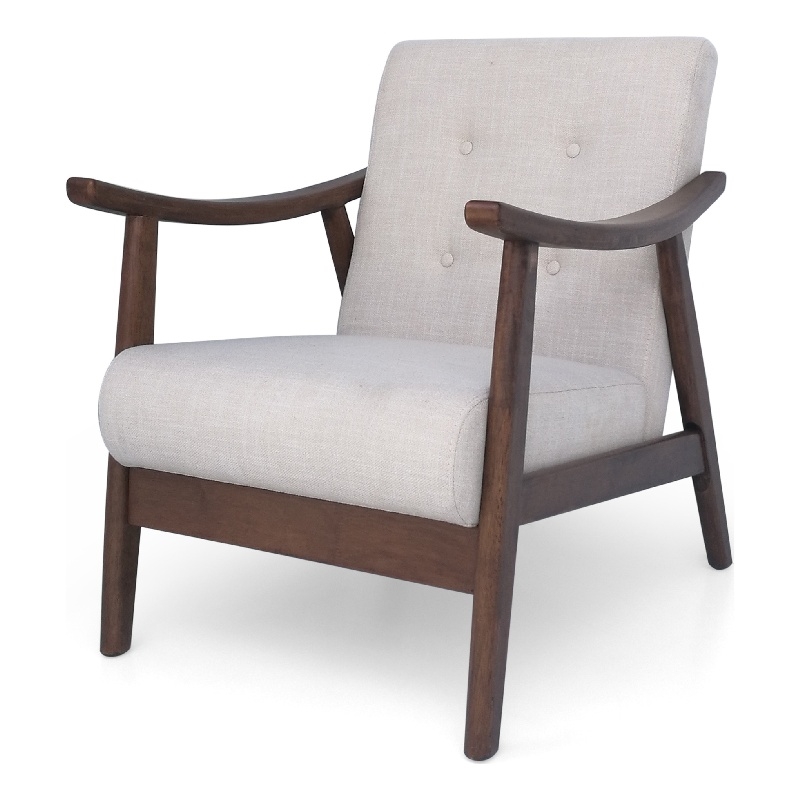 Pemberly Row Button Tufted Accent Armchair in Beige Fabric with Brown Wood Arms