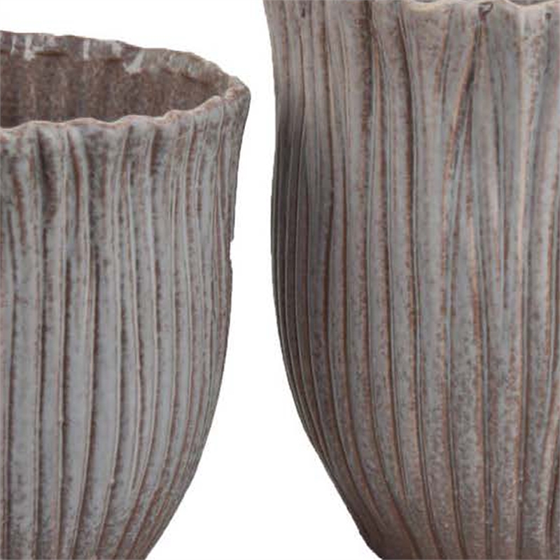 Pemberly Row Decorative Planter Set of 2 with Ribbed Texture in Gray Ceramic