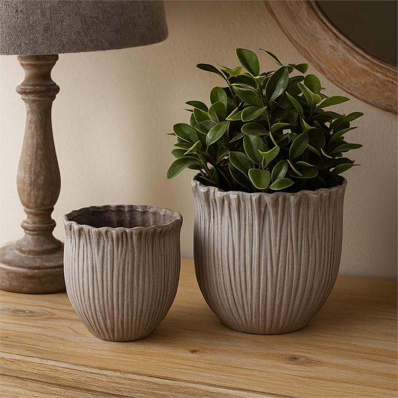 Pemberly Row Decorative Planter Set of 2 with Ribbed Texture in Gray Ceramic