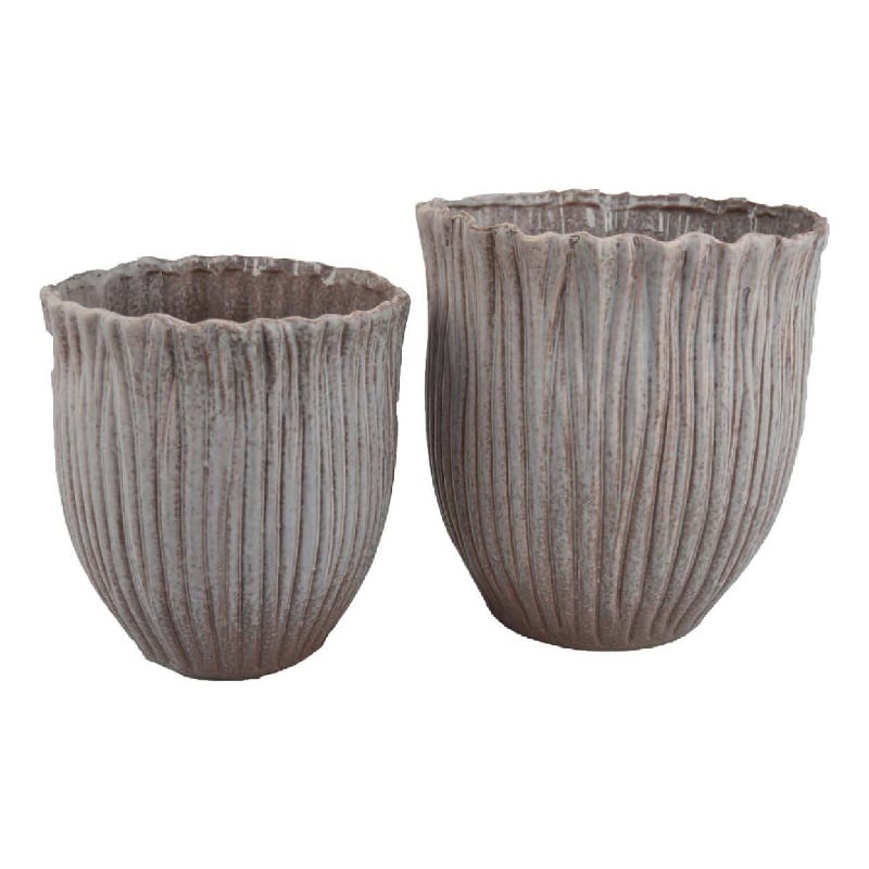 Pemberly Row Decorative Planter Set of 2 with Ribbed Texture in Gray Ceramic