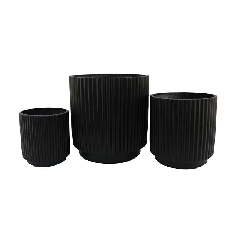 Pemberly Row Round Planter Set of 3 in Ribbed Texture Black Resin - 16/12/9 Inch
