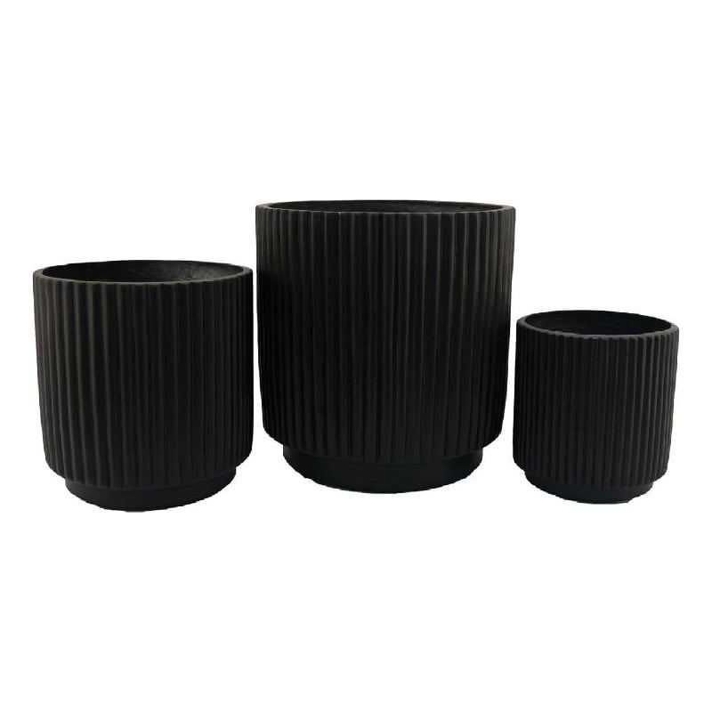 Pemberly Row Round Planter Set of 3 in Ribbed Texture Black Resin - 16/12/9 Inch