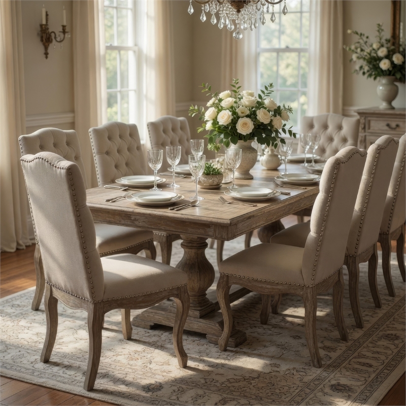 Pemberly Row Dining Side Chair Set of 2 in Beige Tufted Back with Gray Wood Legs
