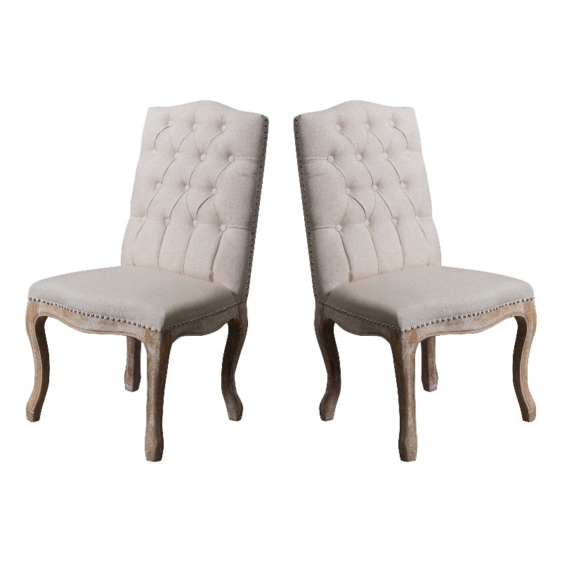 Pemberly Row Dining Side Chair Set of 2 in Beige Tufted Back with Gray Wood Legs
