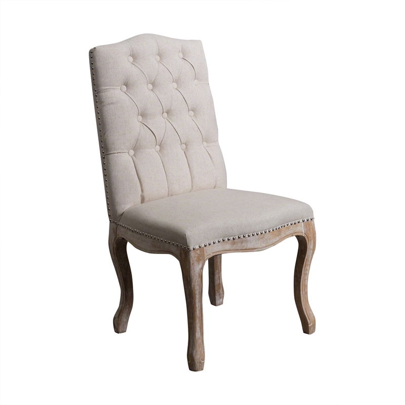 Pemberly Row Dining Side Chair Set of 2 in Beige Tufted Back with Gray Wood Legs