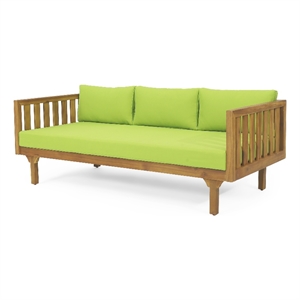 Pemberly Row 68&quot Outdoor Daybed with Wood Slat Back in Brown with Green Cushions
