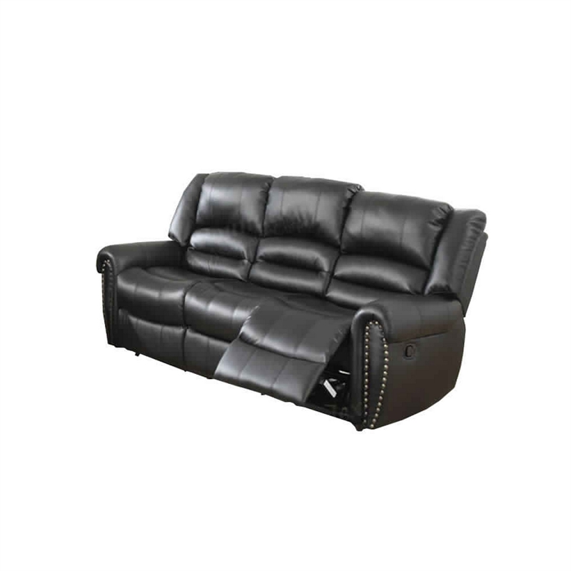 Pemberly Row Bonded Leather & Plywood Reclining Sofa in Black with Nailhead Trim