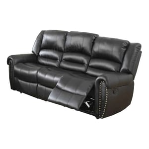Pemberly Row Bonded Leather & Plywood Reclining Sofa in Black with Nailhead Trim