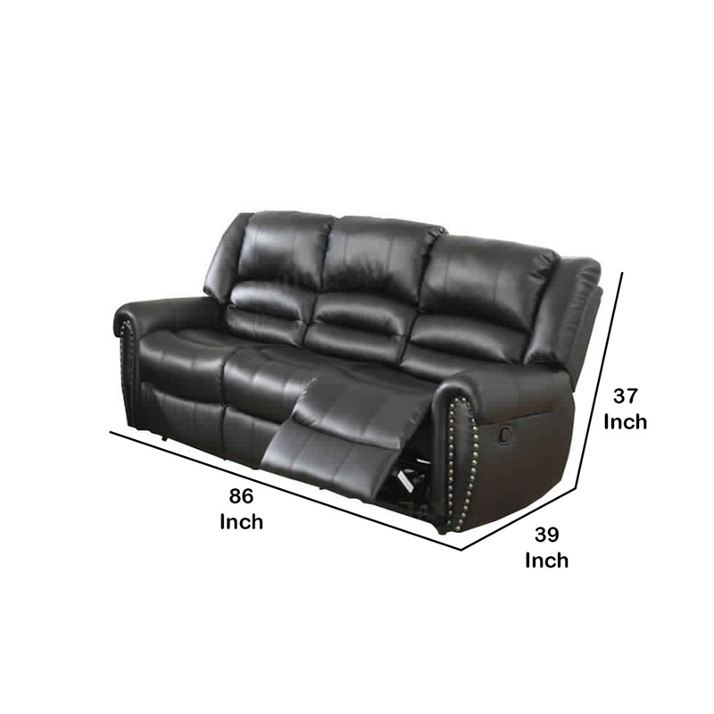 Pemberly Row Bonded Leather & Plywood Reclining Sofa in Black with Nailhead Trim