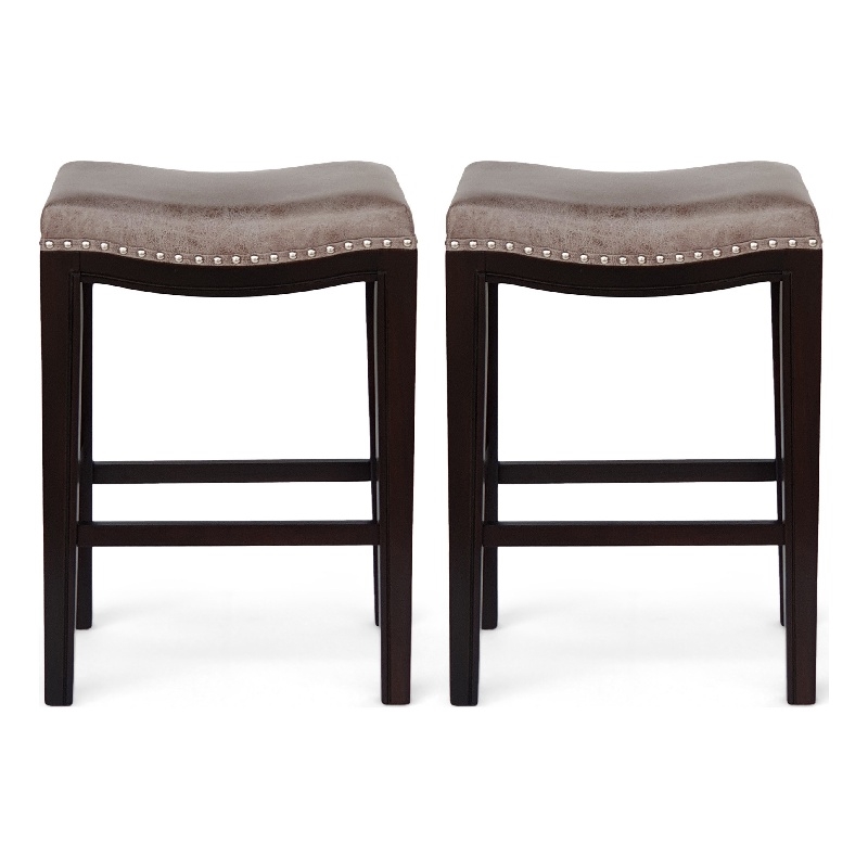 Pemberly Row Counter Stool Set of 2 w/ Nailhead Trim in Taupe Gray Faux Leather