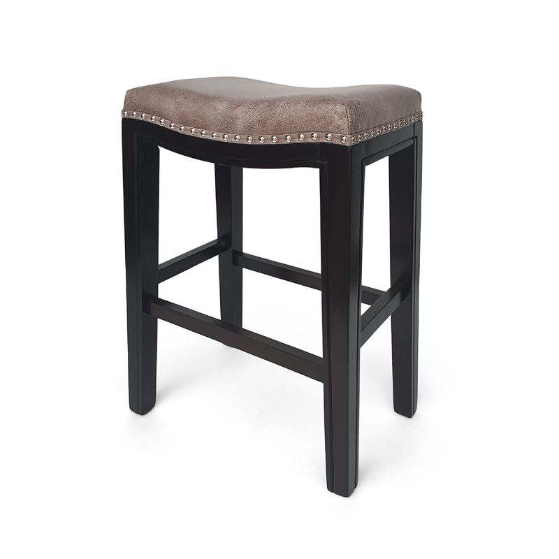 Pemberly Row Counter Stool Set of 2 w/ Nailhead Trim in Taupe Gray Faux Leather