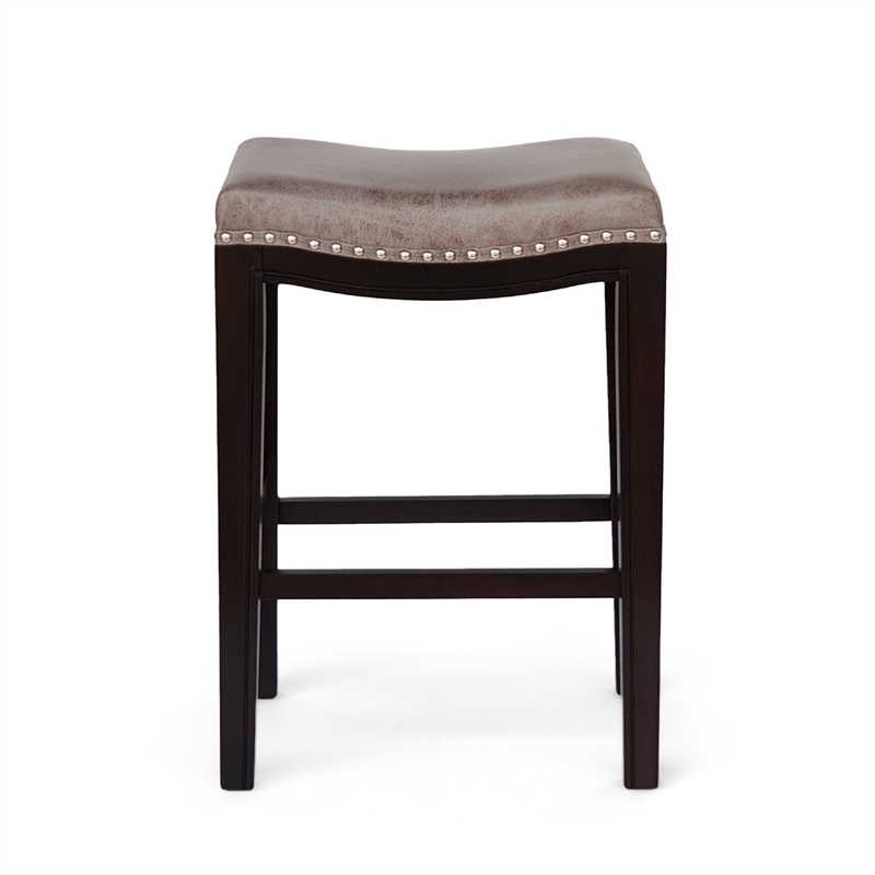 Pemberly Row Counter Stool Set of 2 w/ Nailhead Trim in Taupe Gray Faux Leather