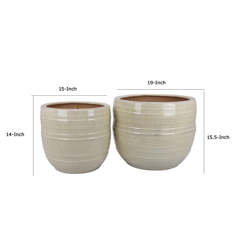 Pemberly Row Barrel Planter 2Pc in Beige Ceramic with Ribbed Detail 19 & 15 Inch