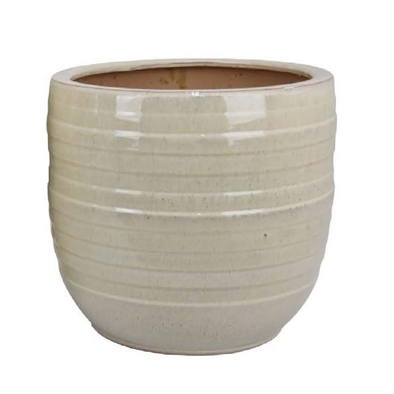Pemberly Row Barrel Planter 2Pc in Beige Ceramic with Ribbed Detail 19 & 15 Inch