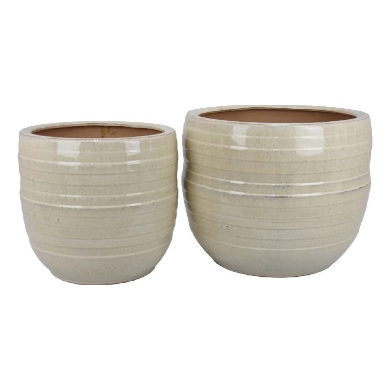 Pemberly Row Barrel Planter 2Pc in Beige Ceramic with Ribbed Detail 19 & 15 Inch