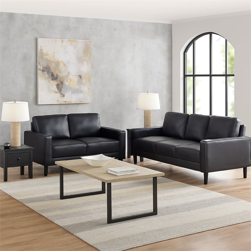 Pemberly Row 2Pc Sofa & Loveseat Set w/ Modern Track Arms in Black Faux Leather