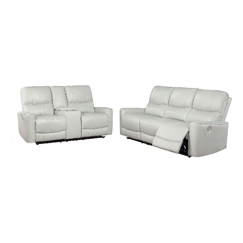 Pemberly Row 2 Piece Power Reclining Sofa and Loveseat Set in Ivory Faux Leather
