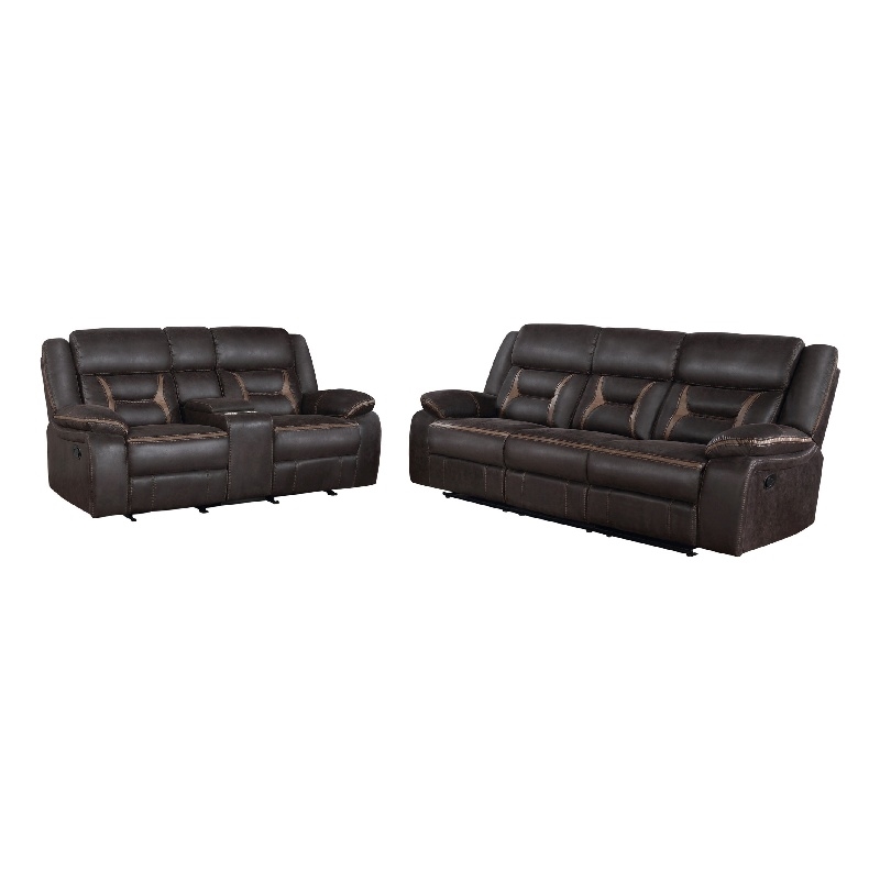 Pemberly Row 2 Pc Manual Reclining Sofa and Loveseat Set in Brown Faux Leather