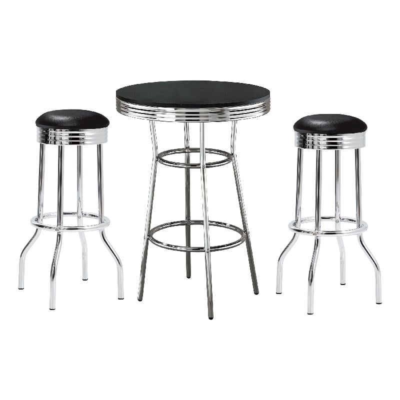 Pemberly Row 3 Pc Retro Bar Table Set with Round Black Top & 2 Stools in Chrome
