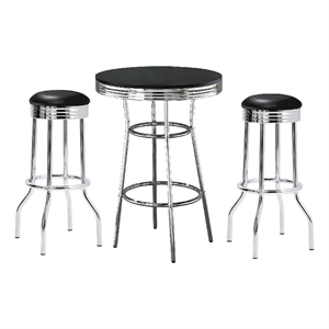 Pemberly Row 3 Pc Retro Bar Table Set with Round Black Top & 2 Stools in Chrome