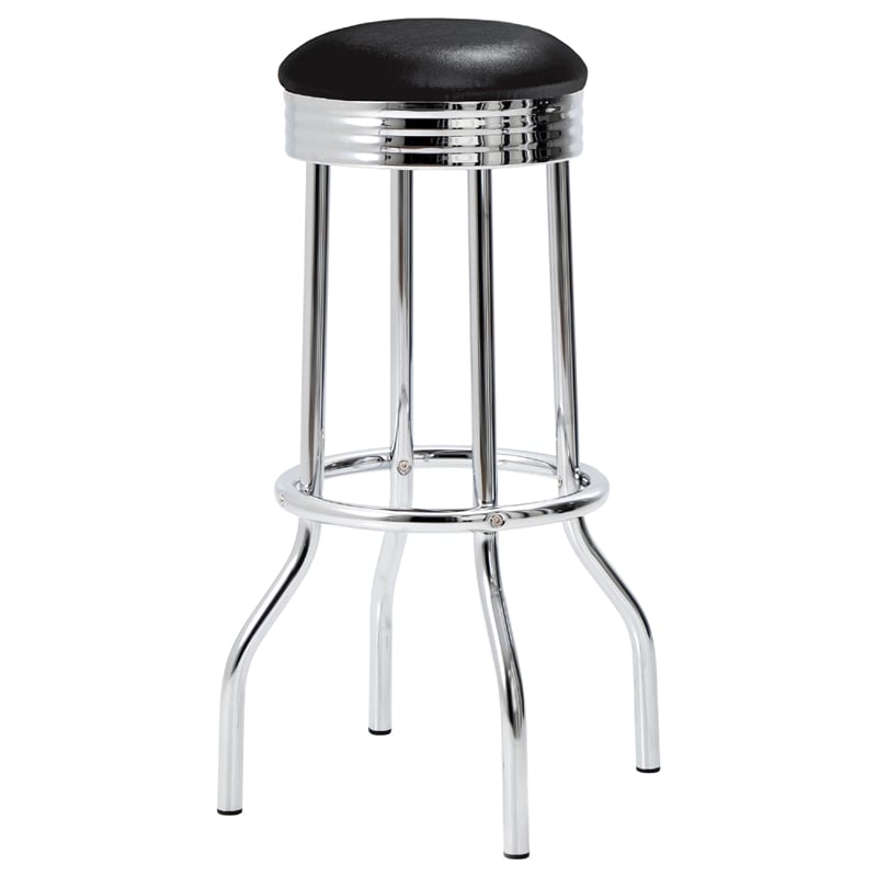 Pemberly Row 3 Pc Retro Bar Table Set with Round Black Top & 2 Stools in Chrome