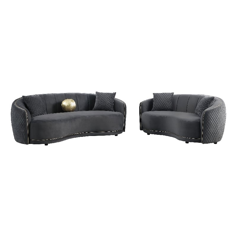 Pemberly Row 2 Piece Sofa and Loveseat Set with Gold Trim in Dark Gray Velvet