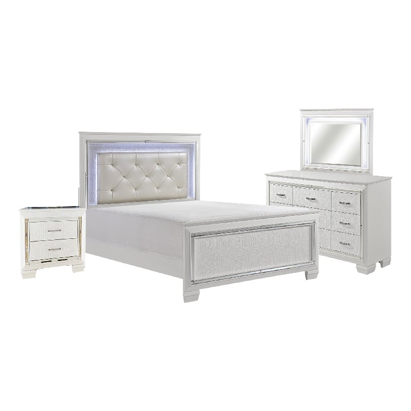 Pemberly Row 4Pc Queen Size Bedroom Set w/ Button Tufting & Mirror Trim in White