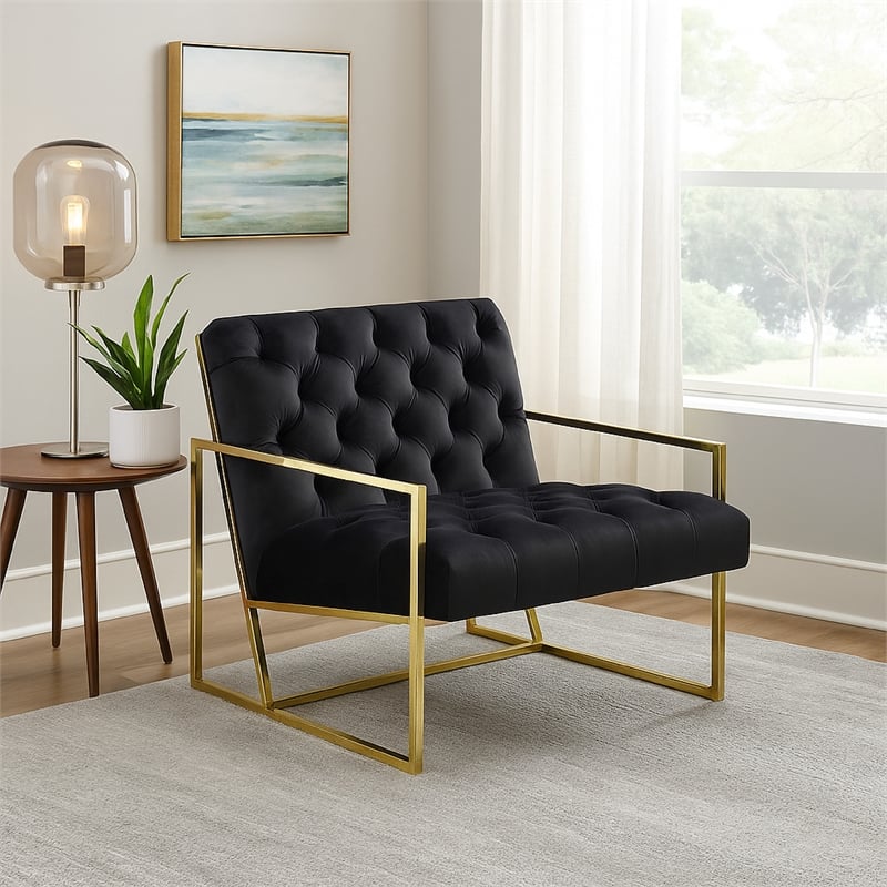 Pemberly Row Accent Armchair in Black Tufted Velvet with Angled Seat & Gold Legs